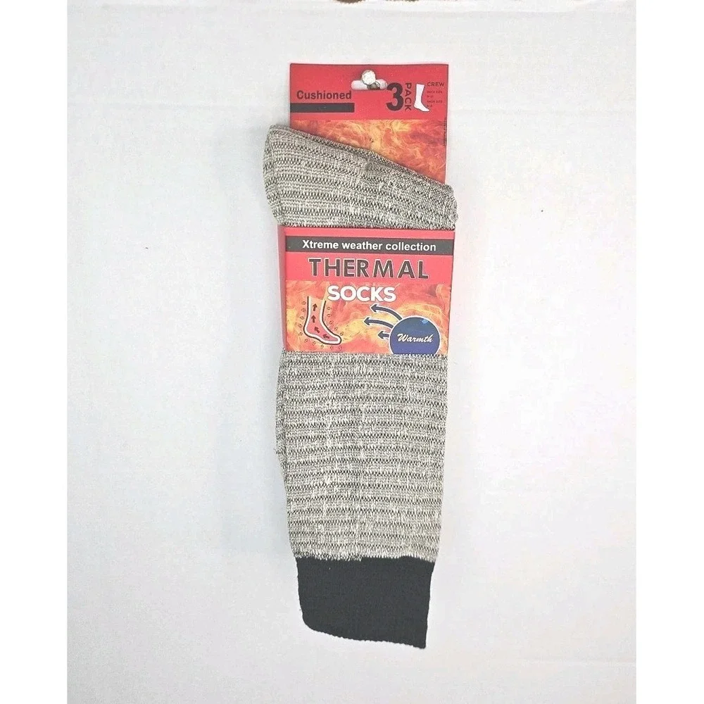 Extreme Weather Collection Thermal Socks 3 Pk Crew Lngth Sz 10-13 Cushioned Gray